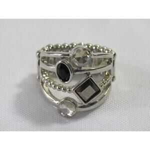 Black Clear Rhinestone Silver Tone Adjustable Ring 6" Cottagecore Whimsygoth Y2K